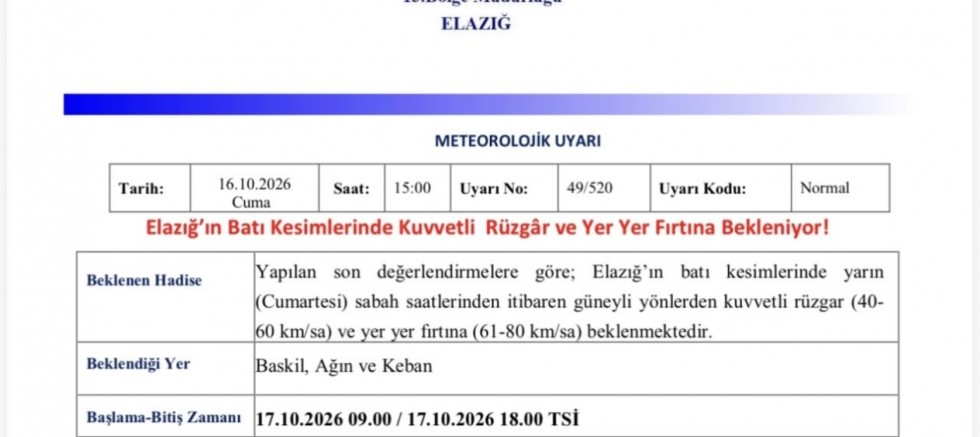 Elazığ Valiliği Baskil,Ağın ve Keban için Cumartesi günü Kuvvetli Rüzgar uyarısı yaptı