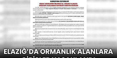 Elazığ’da Ormanlık Alanlarına girişler yasaklandı