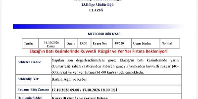 Elazığ Valiliği Baskil,Ağın ve Keban için Cumartesi günü Kuvvetli Rüzgar uyarısı yaptı
