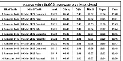 Keban Müftülüğü Keban'a göre imsakiye yayınladı