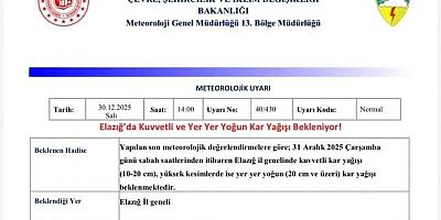 Meteoroloji'den Elazığ  ve İlçeleri için 3 gün Şiddetli Kar Uyarısı