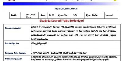 Meteoroloji  Elazığ için 12-13 Ocak günlerinde Kuvvetli  Kar Yağışı Uyarısı Yaptı